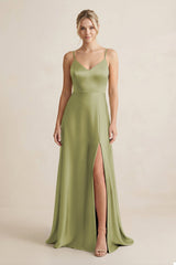 Cami Strap A - Line Shiny Satin Bridesmaid Dress in Moss Green - KISS BRIDAL Bridesmaid Dresses
