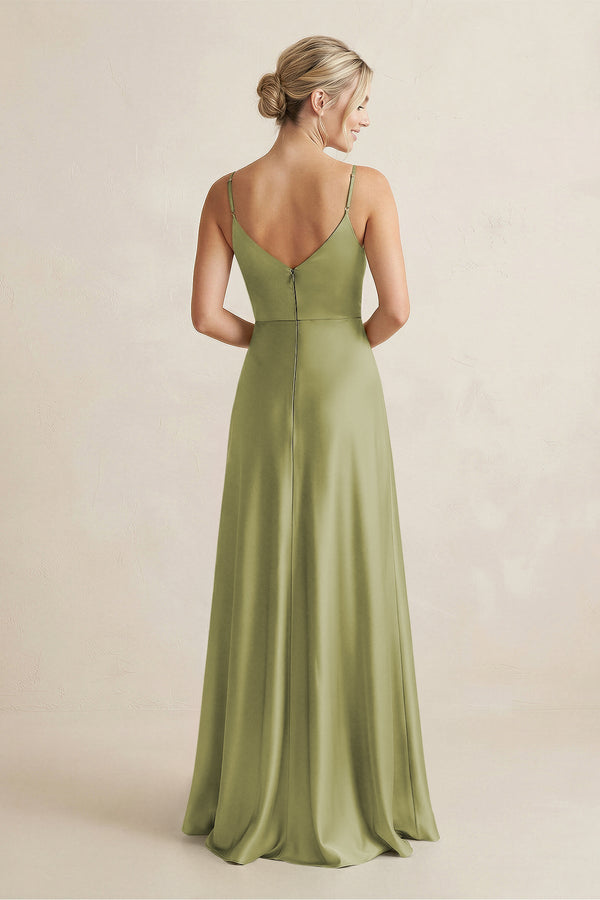 Cami Strap A - Line Shiny Satin Bridesmaid Dress in Moss Green - KISS BRIDAL Bridesmaid Dresses