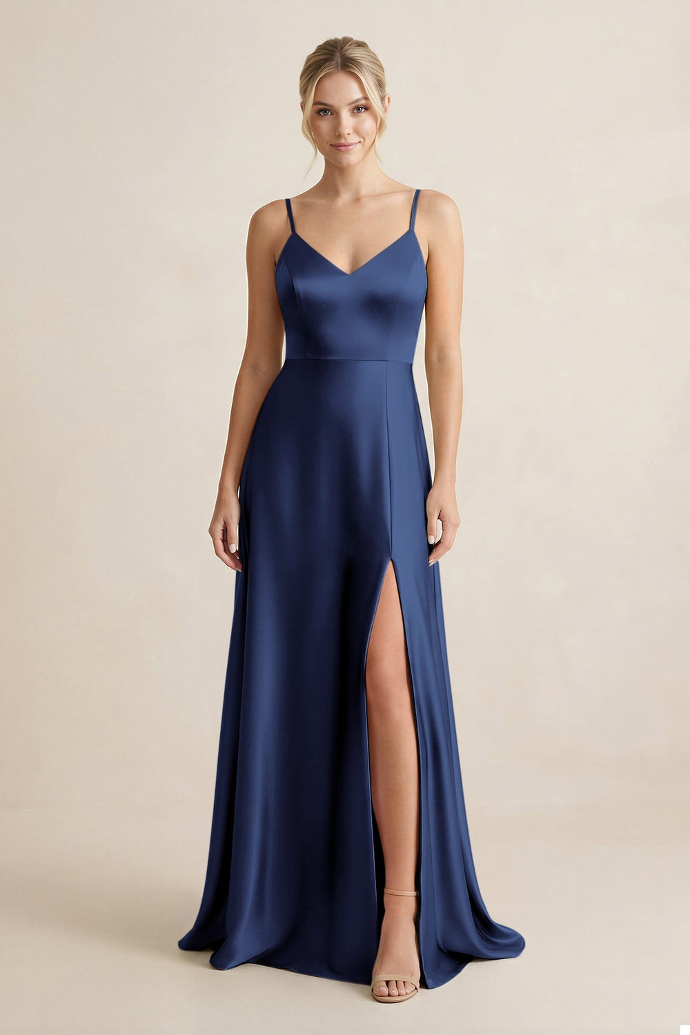 Cami Strap A - Line Shiny Satin Bridesmaid Dress in Navy - KISS BRIDAL Bridesmaid Dresses