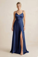 Cami Strap A - Line Shiny Satin Bridesmaid Dress in Navy - KISS BRIDAL Bridesmaid Dresses