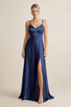 Cami Strap A - Line Shiny Satin Bridesmaid Dress in Navy - KISS BRIDAL Bridesmaid Dresses