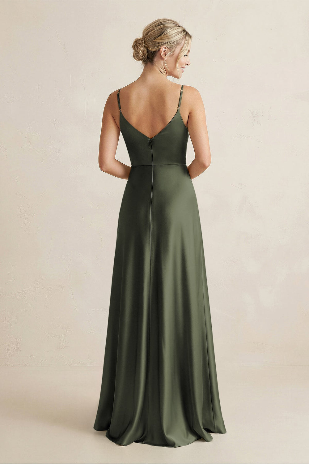 Cami Strap A - Line Shiny Satin Bridesmaid Dress in Olive - KISS BRIDAL Bridesmaid Dresses