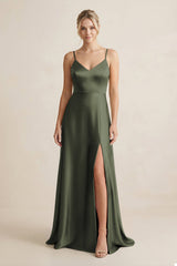Cami Strap A - Line Shiny Satin Bridesmaid Dress in Olive - KISS BRIDAL Bridesmaid Dresses