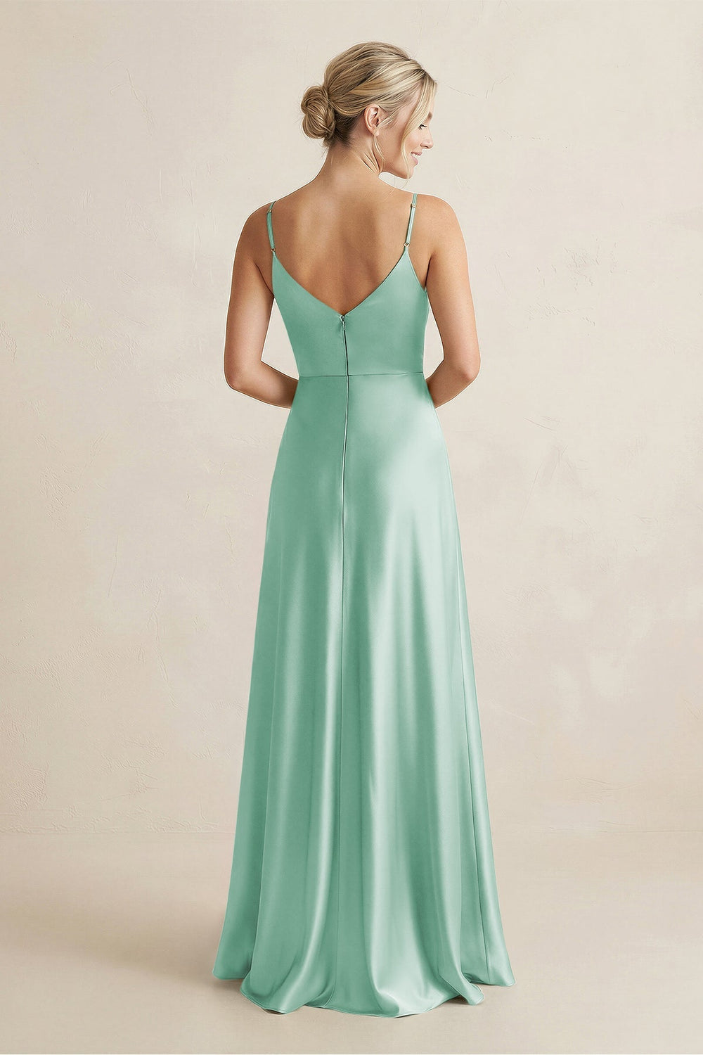 Cami Strap A - Line Shiny Satin Bridesmaid Dress in Pale Pistachio - KISS BRIDAL Bridesmaid Dresses