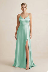 Cami Strap A - Line Shiny Satin Bridesmaid Dress in Pale Pistachio - KISS BRIDAL Bridesmaid Dresses