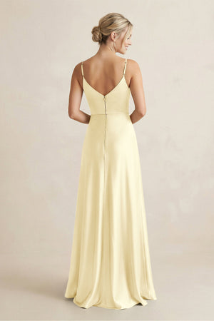 Cami Strap A - Line Shiny Satin Bridesmaid Dress in Pastel Yellow - KISS BRIDAL Bridesmaid Dresses