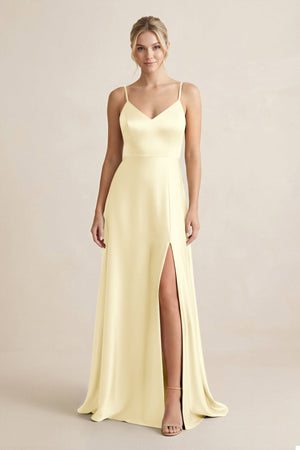 Cami Strap A - Line Shiny Satin Bridesmaid Dress in Pastel Yellow - KISS BRIDAL Bridesmaid Dresses