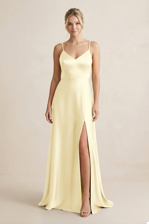Cami Strap A - Line Shiny Satin Bridesmaid Dress in Pastel Yellow - KISS BRIDAL Bridesmaid Dresses