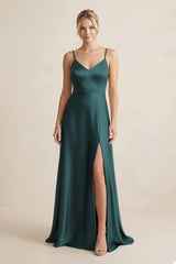 Cami Strap A - Line Shiny Satin Bridesmaid Dress in Pine - KISS BRIDAL Bridesmaid Dresses