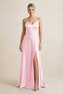 Cami Strap A - Line Shiny Satin Bridesmaid Dress in Pink - KISS BRIDAL Bridesmaid Dresses