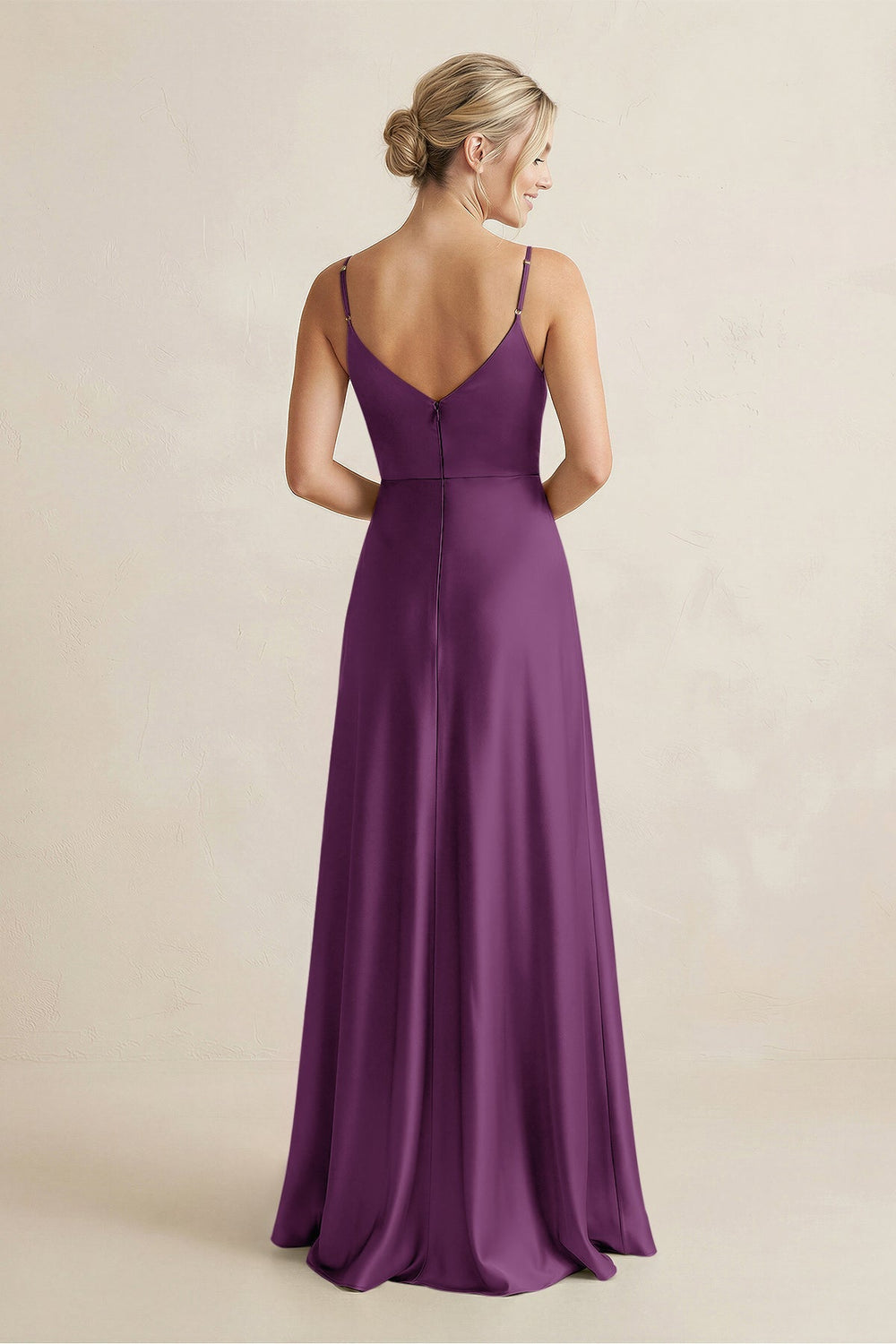 Cami Strap A - Line Shiny Satin Bridesmaid Dress in Plum - KISS BRIDAL Bridesmaid Dresses
