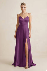 Cami Strap A - Line Shiny Satin Bridesmaid Dress in Plum - KISS BRIDAL Bridesmaid Dresses