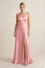 Cami Strap A - Line Shiny Satin Bridesmaid Dress in Rosette - KISS BRIDAL Bridesmaid Dresses