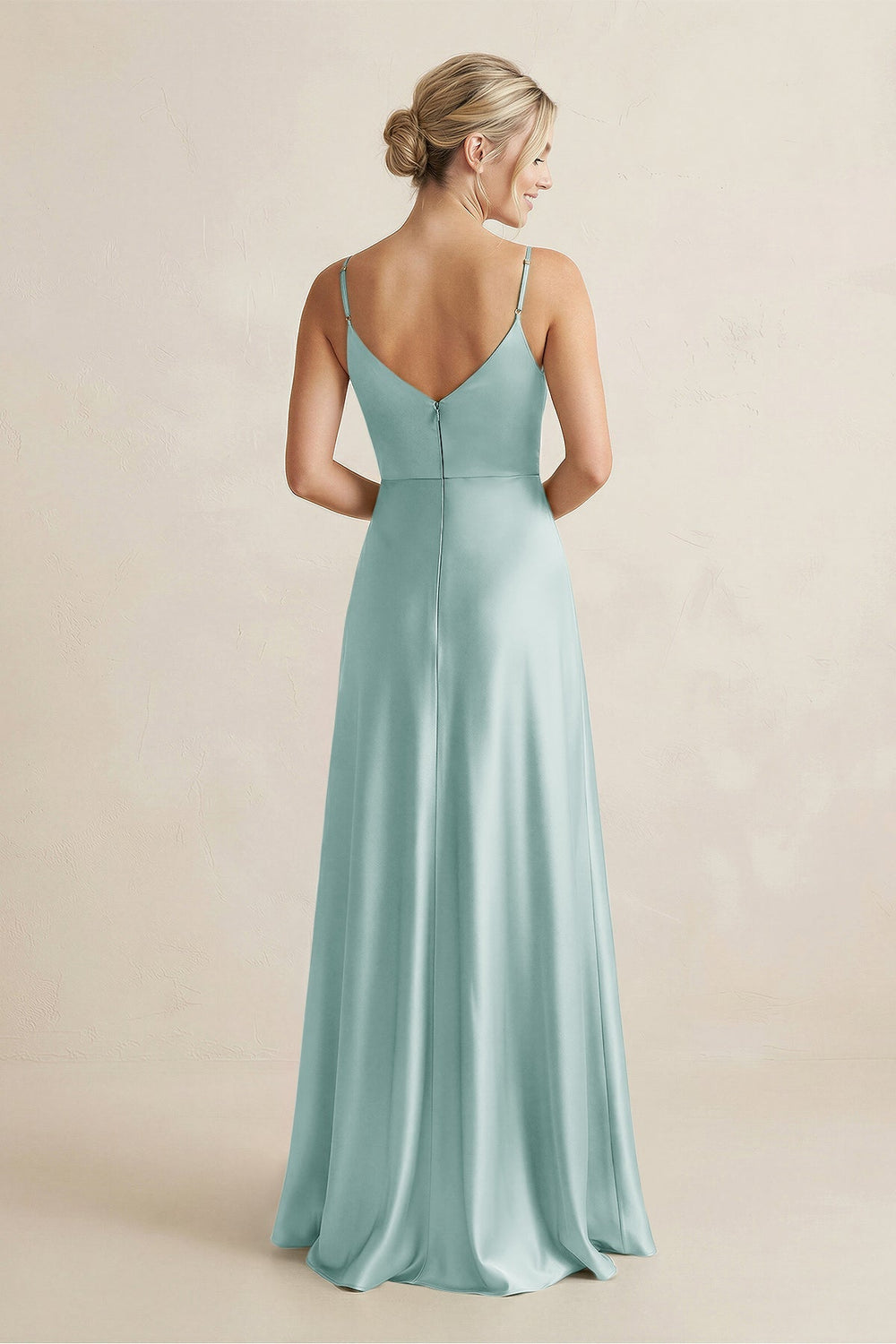 Cami Strap A - Line Shiny Satin Bridesmaid Dress in Sage - KISS BRIDAL Bridesmaid Dresses