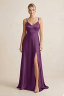 Cami Strap A - Line Shiny Satin Bridesmaid Dress in Sangria - KISS BRIDAL Bridesmaid Dresses