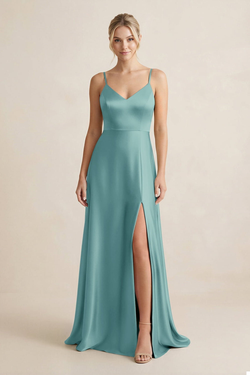 Cami Strap A - Line Shiny Satin Bridesmaid Dress in Sea Glass - KISS BRIDAL Bridesmaid Dresses