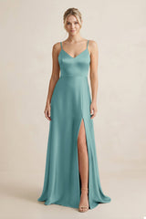 Cami Strap A - Line Shiny Satin Bridesmaid Dress in Sea Glass - KISS BRIDAL Bridesmaid Dresses