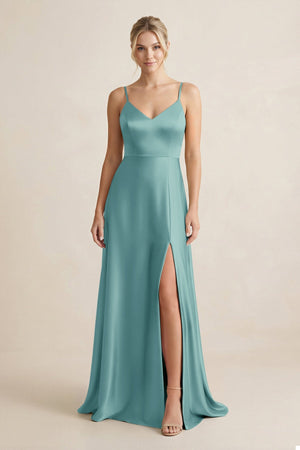 Cami Strap A - Line Shiny Satin Bridesmaid Dress in Sea Glass - KISS BRIDAL Bridesmaid Dresses
