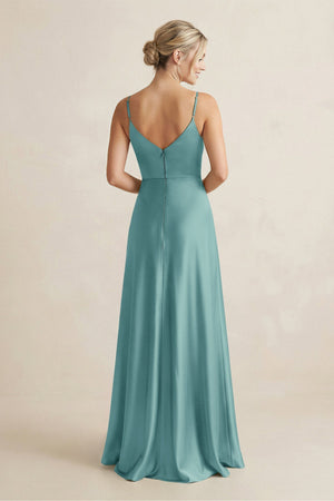 Cami Strap A - Line Shiny Satin Bridesmaid Dress in Sea Glass - KISS BRIDAL Bridesmaid Dresses