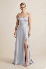 Cami Strap A - Line Shiny Satin Bridesmaid Dress in Silver - KISS BRIDAL Bridesmaid Dresses