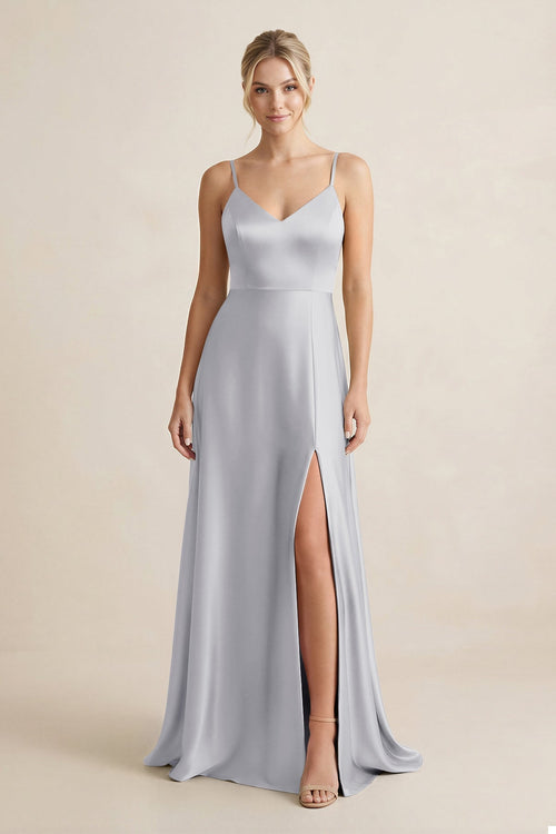 Cami Strap A - Line Shiny Satin Bridesmaid Dress in Silver - KISS BRIDAL Bridesmaid Dresses