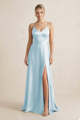 Cami Strap A - Line Shiny Satin Bridesmaid Dress in Sky Blue - KISS BRIDAL Bridesmaid Dresses