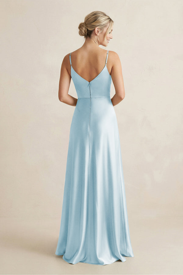 Cami Strap A - Line Shiny Satin Bridesmaid Dress in Sky Blue - KISS BRIDAL Bridesmaid Dresses