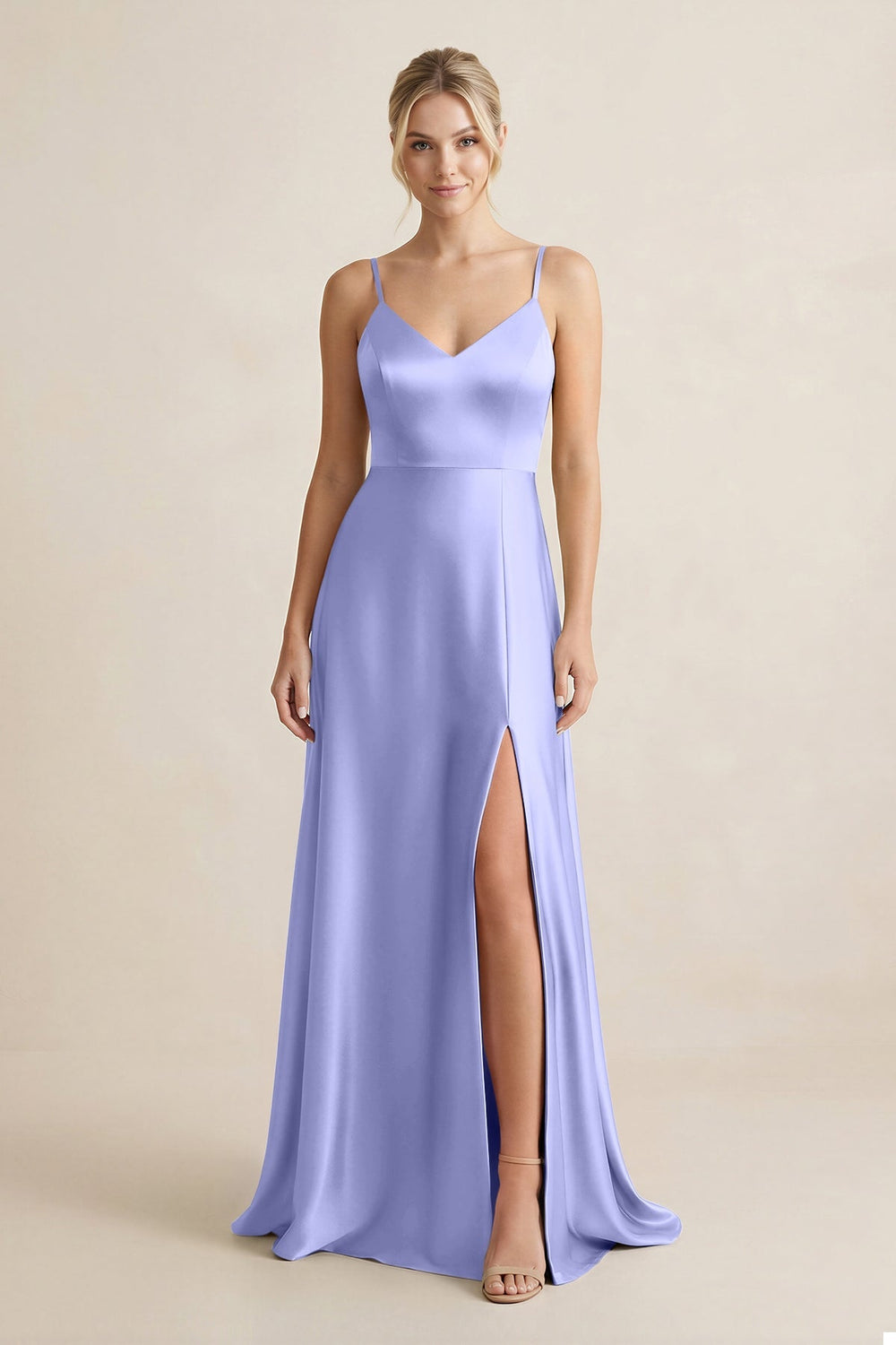 Cami Strap A - Line Shiny Satin Bridesmaid Dress in Steel Blue - KISS BRIDAL Bridesmaid Dresses