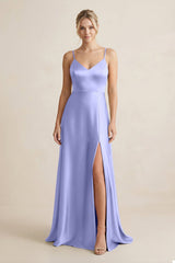 Cami Strap A - Line Shiny Satin Bridesmaid Dress in Steel Blue - KISS BRIDAL Bridesmaid Dresses