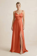 Cami Strap A - Line Shiny Satin Bridesmaid Dress in Terracotta - KISS BRIDAL Bridesmaid Dresses