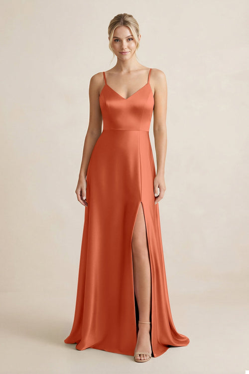 Cami Strap A - Line Shiny Satin Bridesmaid Dress in Terracotta - KISS BRIDAL Bridesmaid Dresses