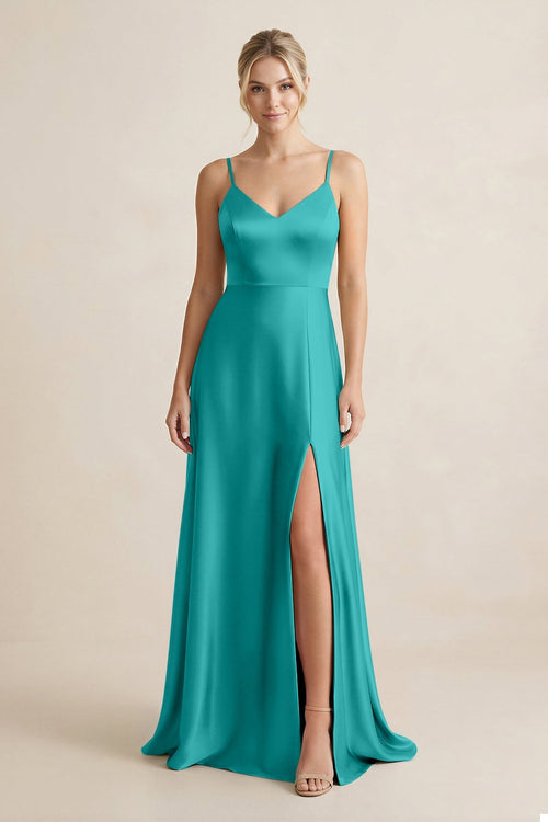 Cami Strap A - Line Shiny Satin Bridesmaid Dress in Turquoise - KISS BRIDAL Bridesmaid Dresses
