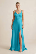 Cami Strap A - Line Shiny Satin Bridesmaid Dress in Viridian Green - KISS BRIDAL Bridesmaid Dresses