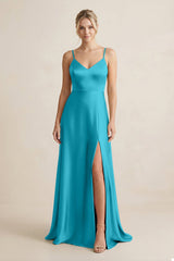 Cami Strap A - Line Shiny Satin Bridesmaid Dress in Viridian Green - KISS BRIDAL Bridesmaid Dresses