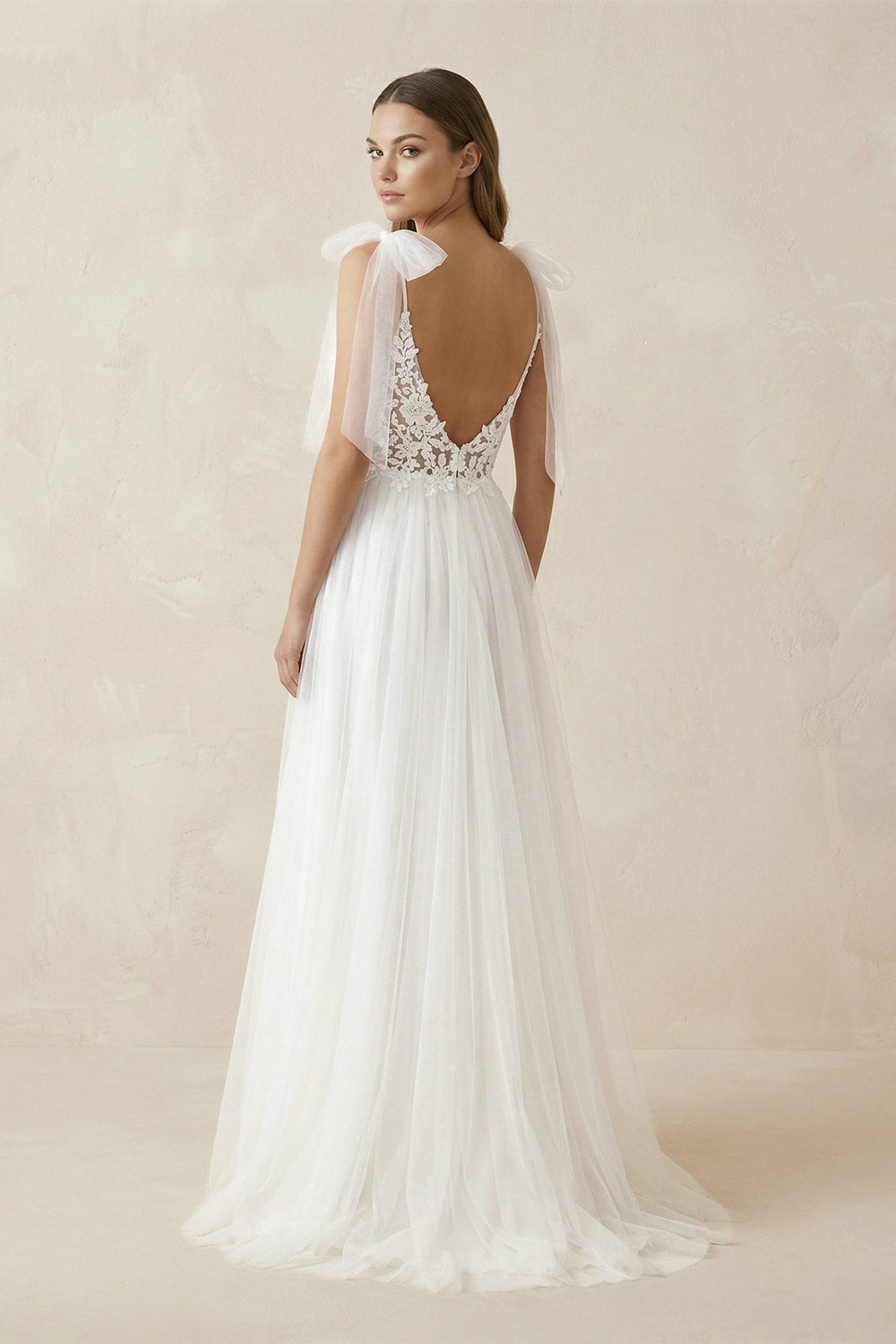 Cami Strap Appliqued Tulle A - Line Wedding Dress With Slit in White - KISS BRIDAL Wedding Dresses
