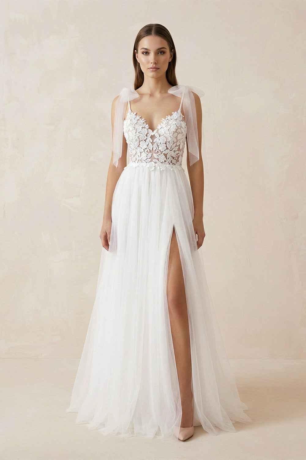 Cami Strap Appliqued Tulle A - Line Wedding Dress With Slit in White - KISS BRIDAL Wedding Dresses