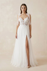 Cami Strap Appliqued Tulle A - Line Wedding Dress With Slit in White - KISS BRIDAL Wedding Dresses
