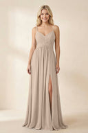 Cami Strap Chiffon A - Line Bridesmaid Dress with Slit in Almond - SHE IS ME Bridesmaid Dresses