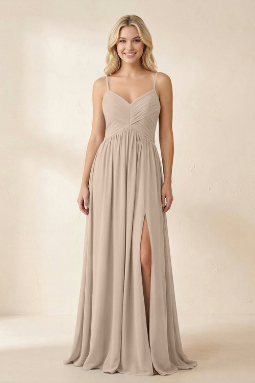Cami Strap Chiffon A - Line Bridesmaid Dress with Slit in Almond - SHE IS ME Bridesmaid Dresses