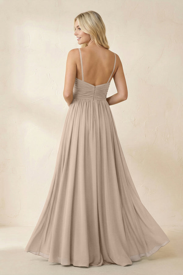 Cami Strap Chiffon A - Line Bridesmaid Dress with Slit in Almond - SHE IS ME Bridesmaid Dresses