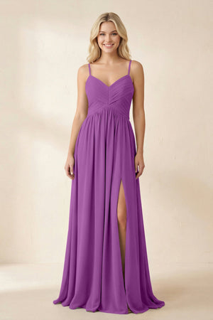 Cami Strap Chiffon A - Line Bridesmaid Dress with Slit in Amethyst - SHE IS ME Bridesmaid Dresses