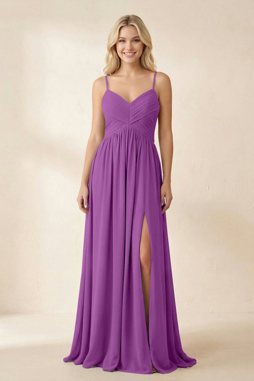 Cami Strap Chiffon A - Line Bridesmaid Dress with Slit in Amethyst - SHE IS ME Bridesmaid Dresses