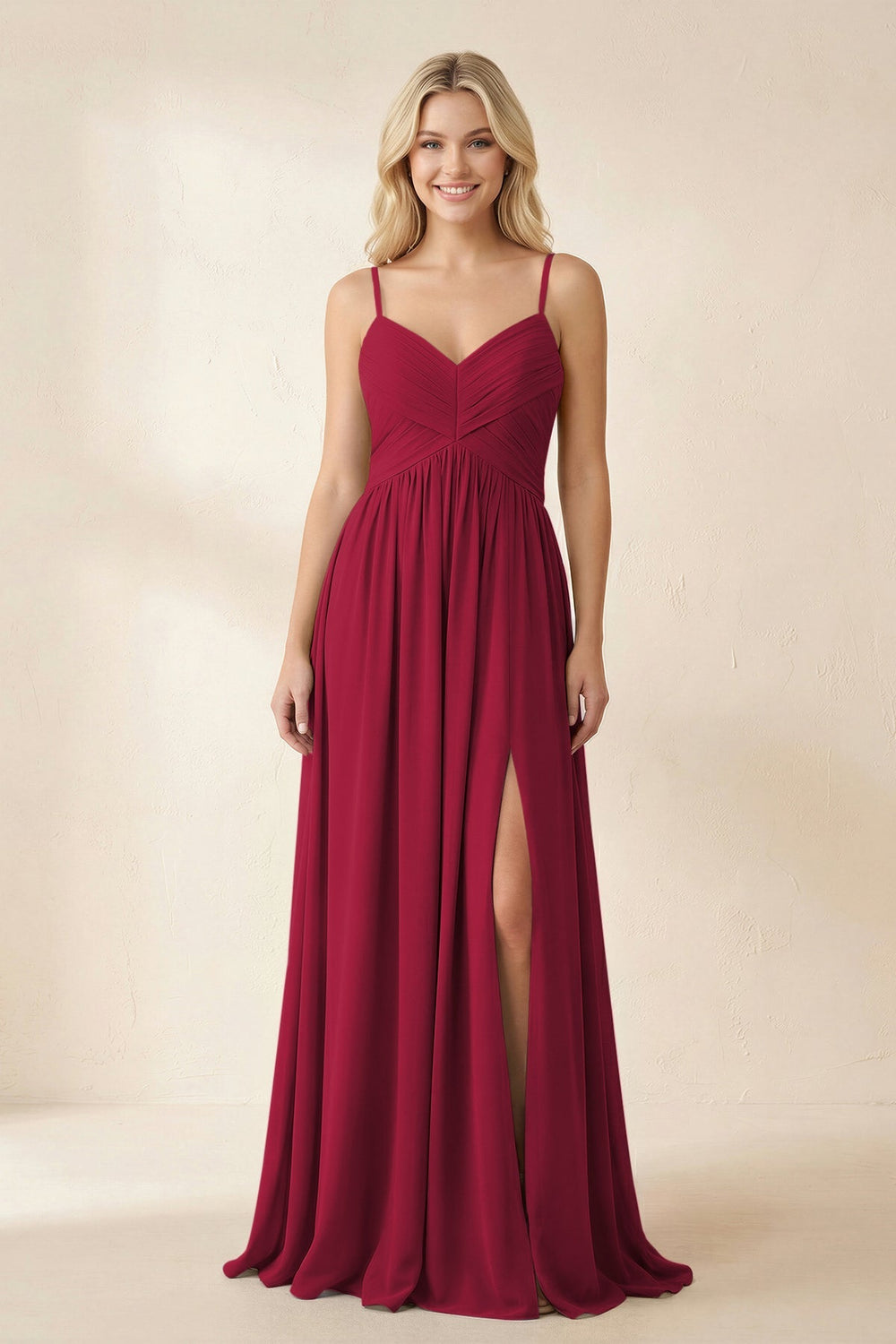 Cami Strap Chiffon A - Line Bridesmaid Dress with Slit in Berry - KISS BRIDAL Bridesmaid Dresses