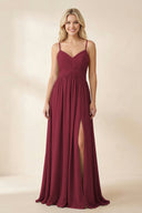 Cami Strap Chiffon A - Line Bridesmaid Dress with Slit in Berry - KISS BRIDAL Bridesmaid Dresses