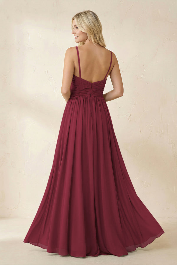 Cami Strap Chiffon A - Line Bridesmaid Dress with Slit in Berry - KISS BRIDAL Bridesmaid Dresses