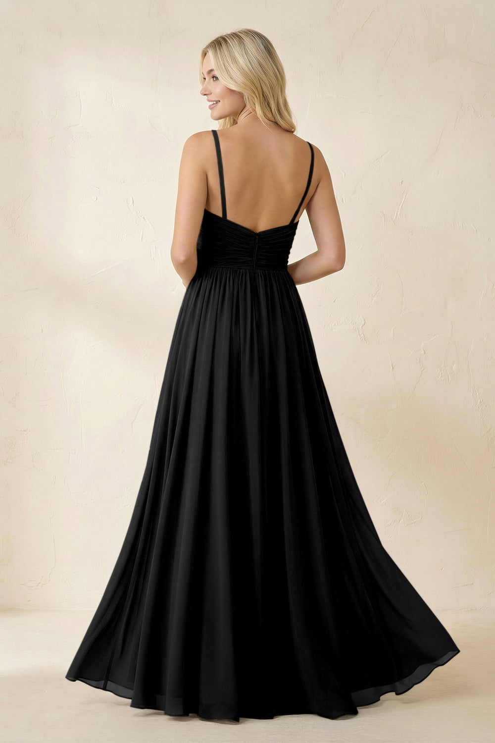 Cami Strap Chiffon A - Line Bridesmaid Dress with Slit in Black - KISS BRIDAL Bridesmaid Dresses