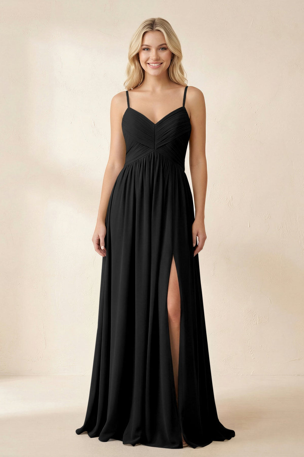 Cami Strap Chiffon A - Line Bridesmaid Dress with Slit in Black - KISS BRIDAL Bridesmaid Dresses