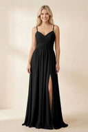 Cami Strap Chiffon A - Line Bridesmaid Dress with Slit in Black - SHE IS ME Bridesmaid Dresses