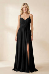 Cami Strap Chiffon A - Line Bridesmaid Dress with Slit in Black - KISS BRIDAL Bridesmaid Dresses
