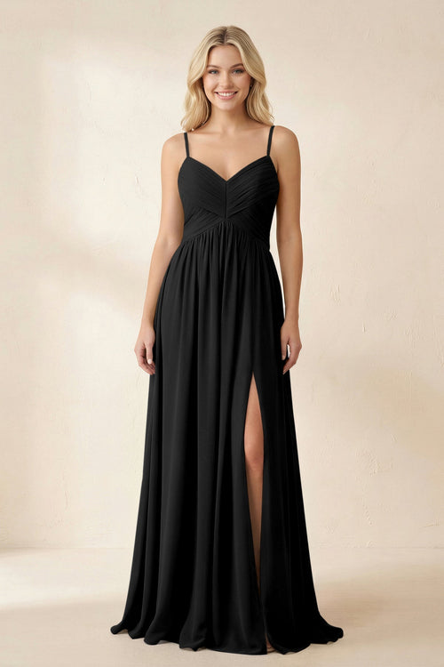 Cami Strap Chiffon A - Line Bridesmaid Dress with Slit in Black - SHE IS ME Bridesmaid Dresses
